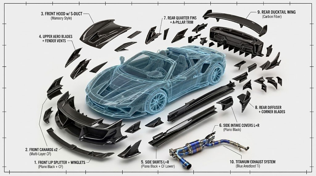 3D exploded parts diagram illustrating complete performance body kits, including carbon fiber front splitter, side skirts, and rear diffuser.
