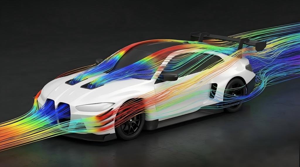 CFD aerodynamic simulation showing airflow lines and pressure distribution to analyze how performance body kits improve vehicle downforce.