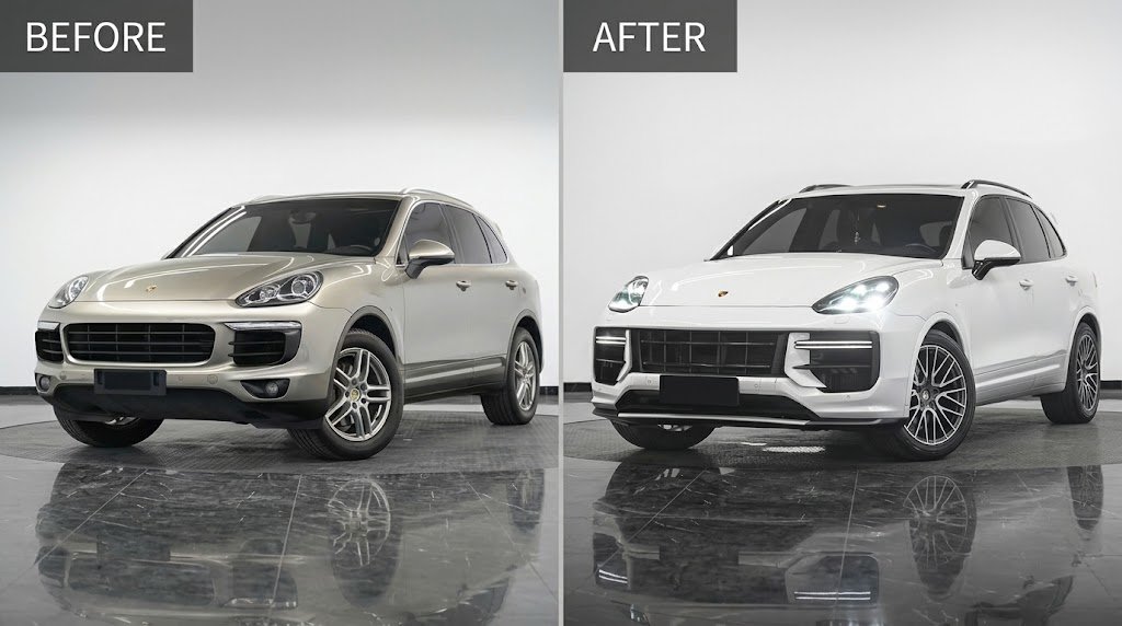 Before and after comparison of a Porsche Cayenne exterior upgraded with a complete facelift conversion body kit.