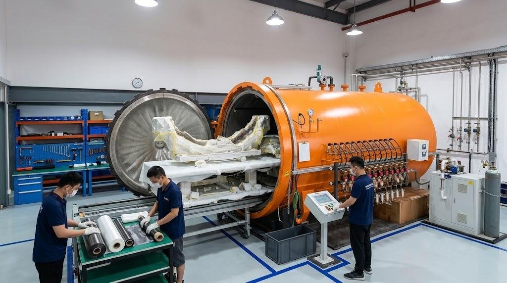 Technicians manufacturing premium dry carbon fiber body kit components using an industrial autoclave machine.